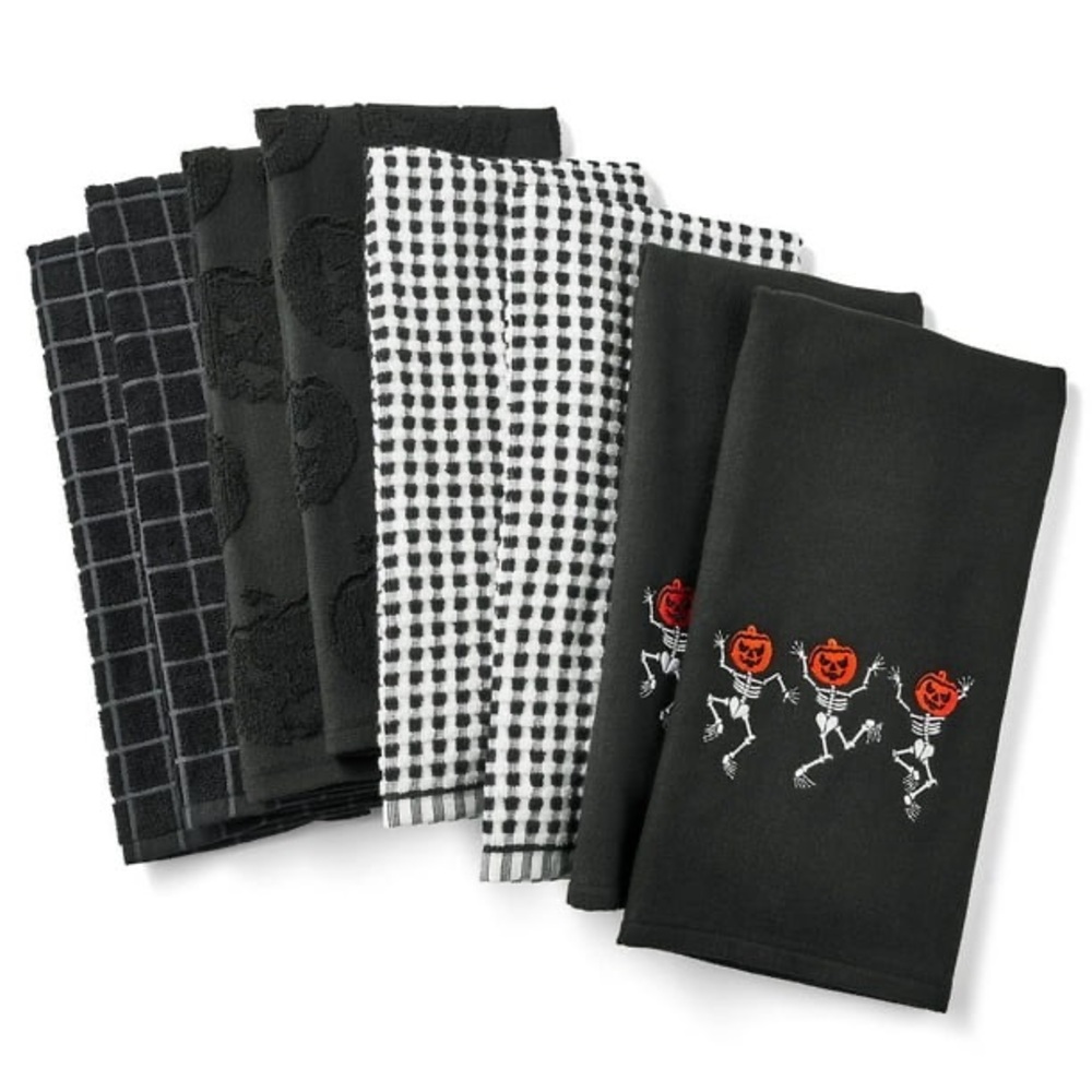 NWT Member's Mark 8-Piece Halloween Kitchen Towel Set- Dancing Skulls